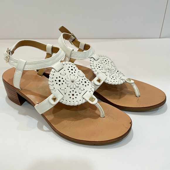 Jack Rogers 🌸 Gretchen Medallion Leather Block Heel Ankle Strap Sandals Heels 7 - Picture 1 of 17